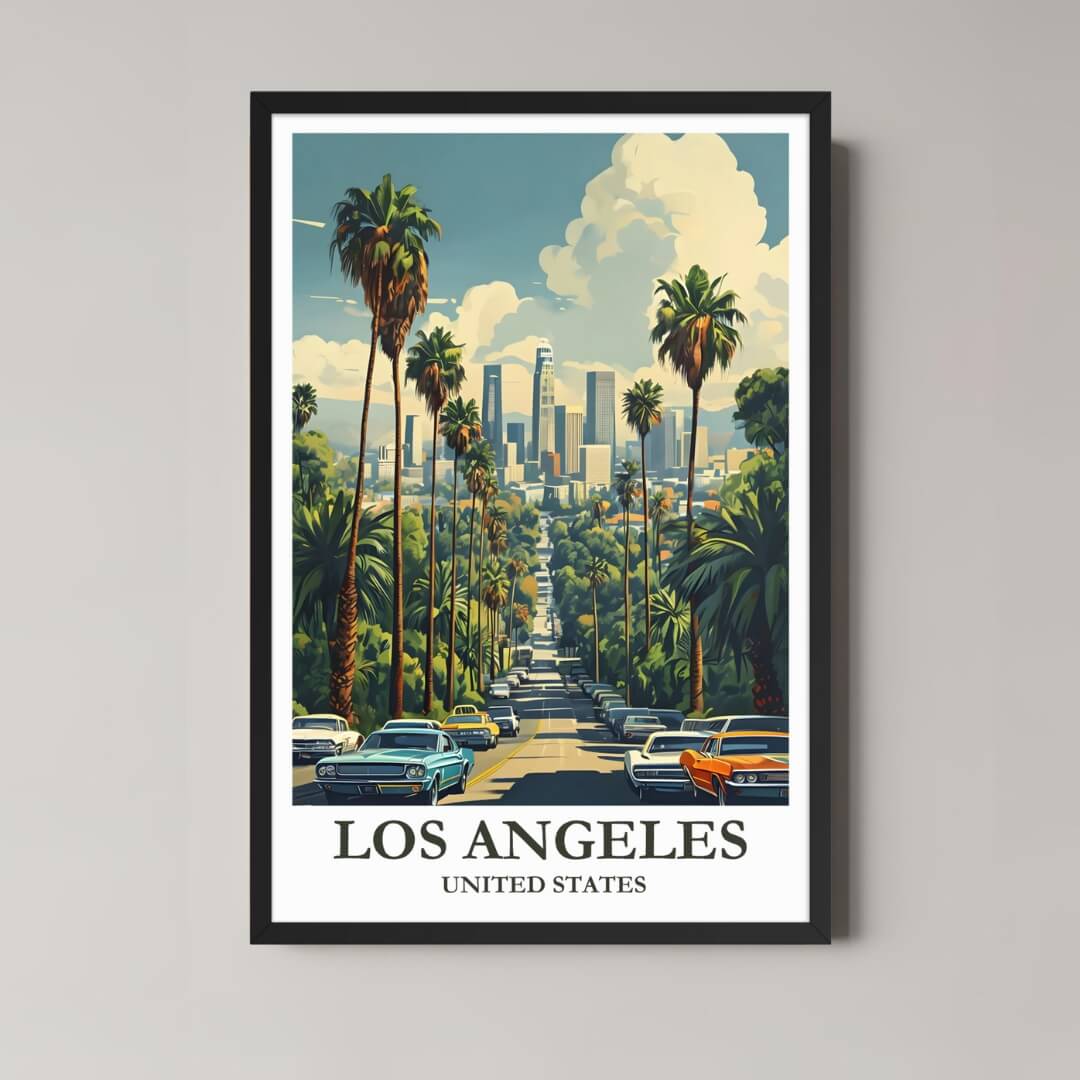 A framed, vibrant illustration of a long Los Angeles street lined with tall palm trees, leading to the downtown skyline with a black frame.