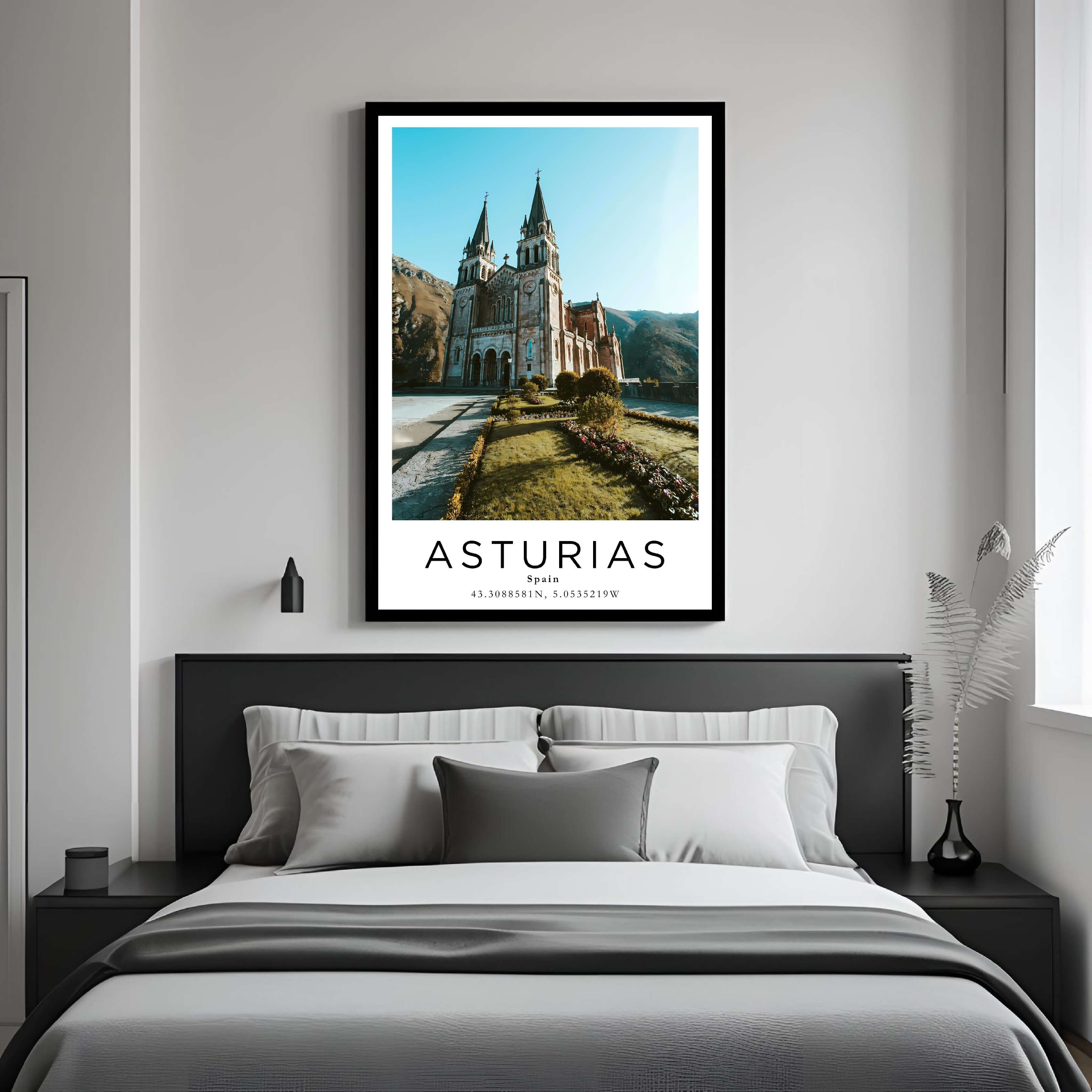 Asturias Spain framed wall art with black wooden frame, premium poster for upscale home décor.