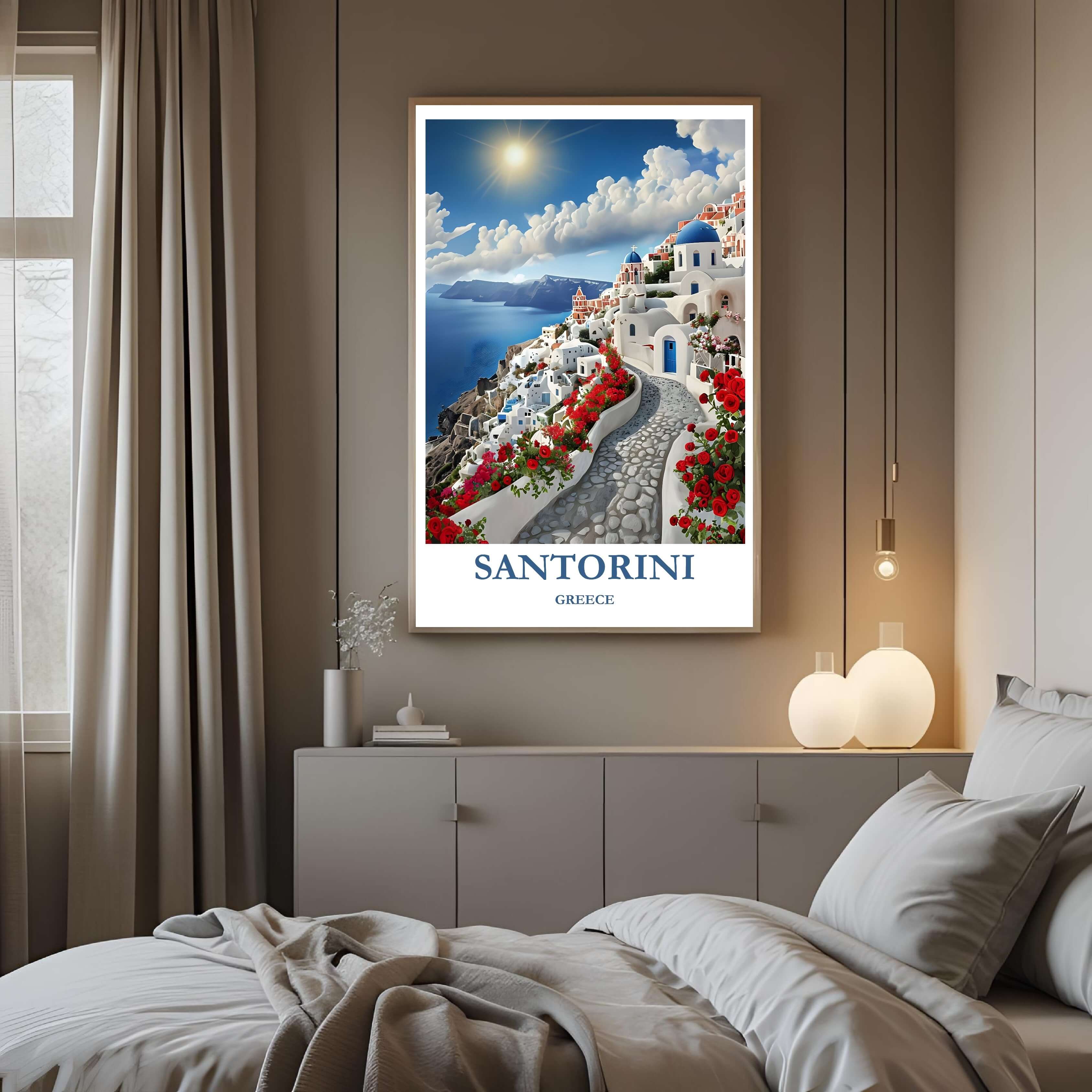 A large framed poster of the Santorini panorama hanging in a contemporary luxury bedroom, enhancing a serene, coastal, and romantic aesthetic.