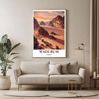 A large framed poster of the Wadi Rum panorama hanging in a contemporary living room, enhancing a luxurious, natural, and adventurous aesthetic.