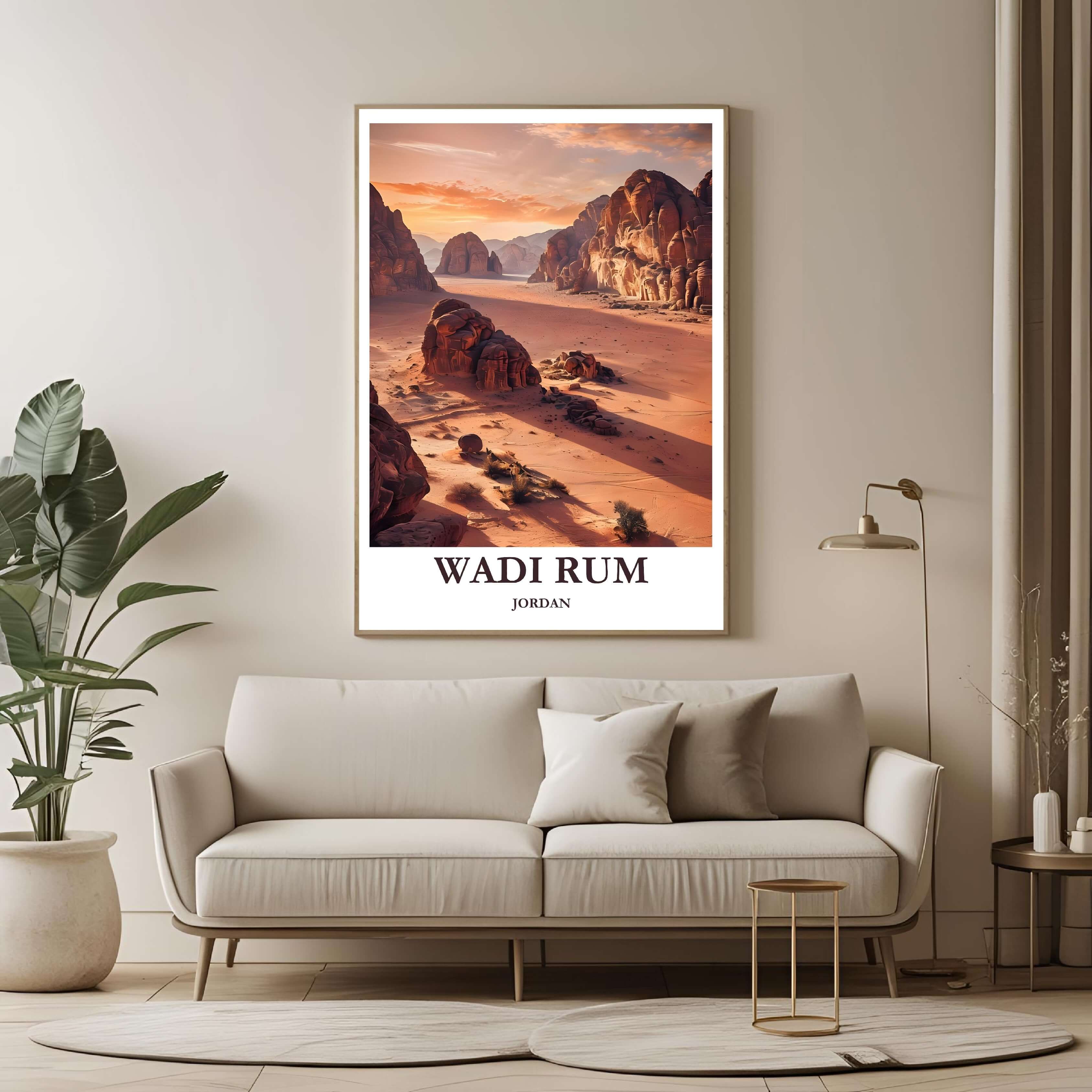 A large framed poster of the Wadi Rum panorama hanging in a contemporary living room, enhancing a luxurious, natural, and adventurous aesthetic.