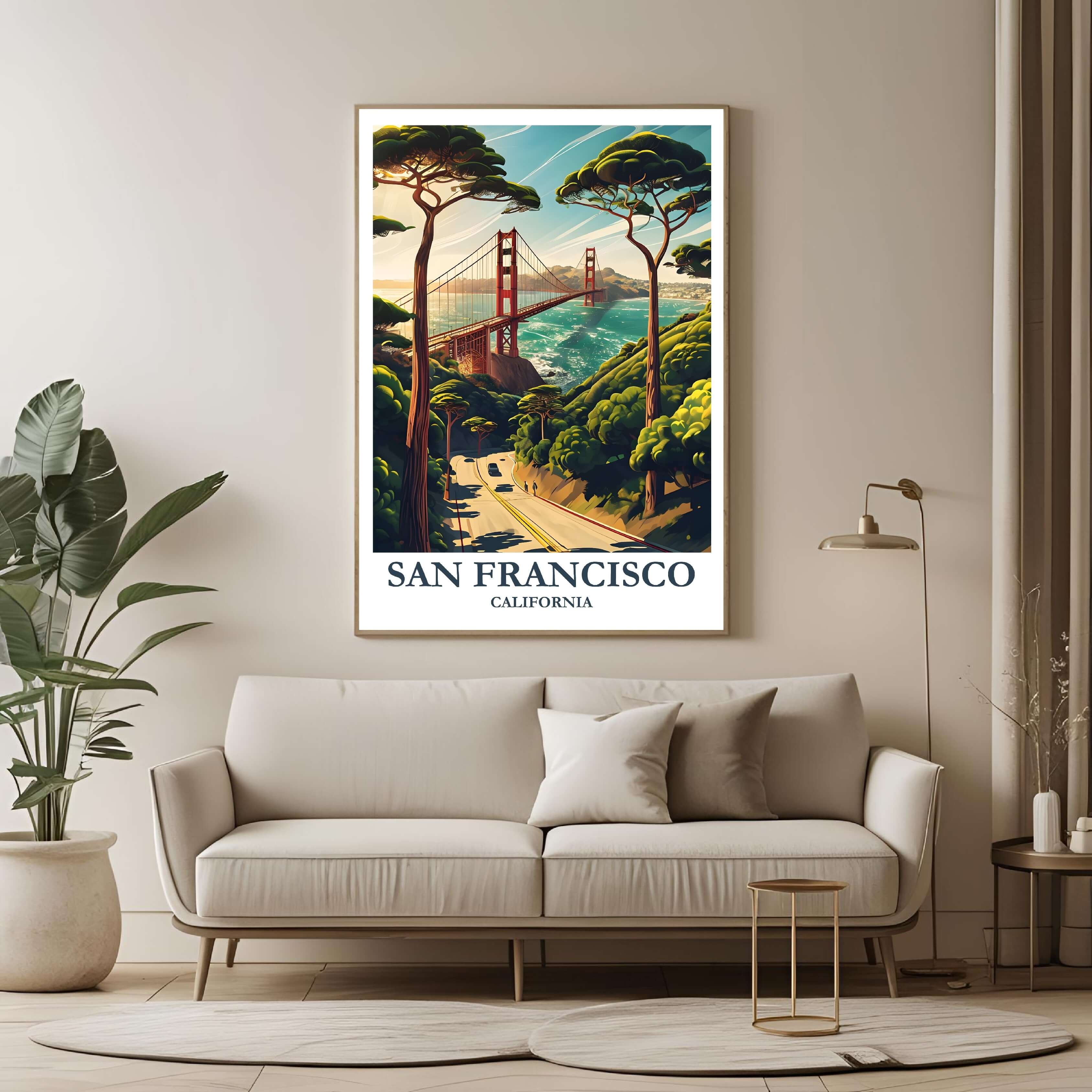 A large framed poster of the San Francisco Golden Gate Bridge panorama hanging in a contemporary living room, enhancing a luxurious and Californian aesthetic.