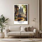 A large framed poster of the Prague illustration hanging in a contemporary living room, enhancing a luxurious and cultured aesthetic.