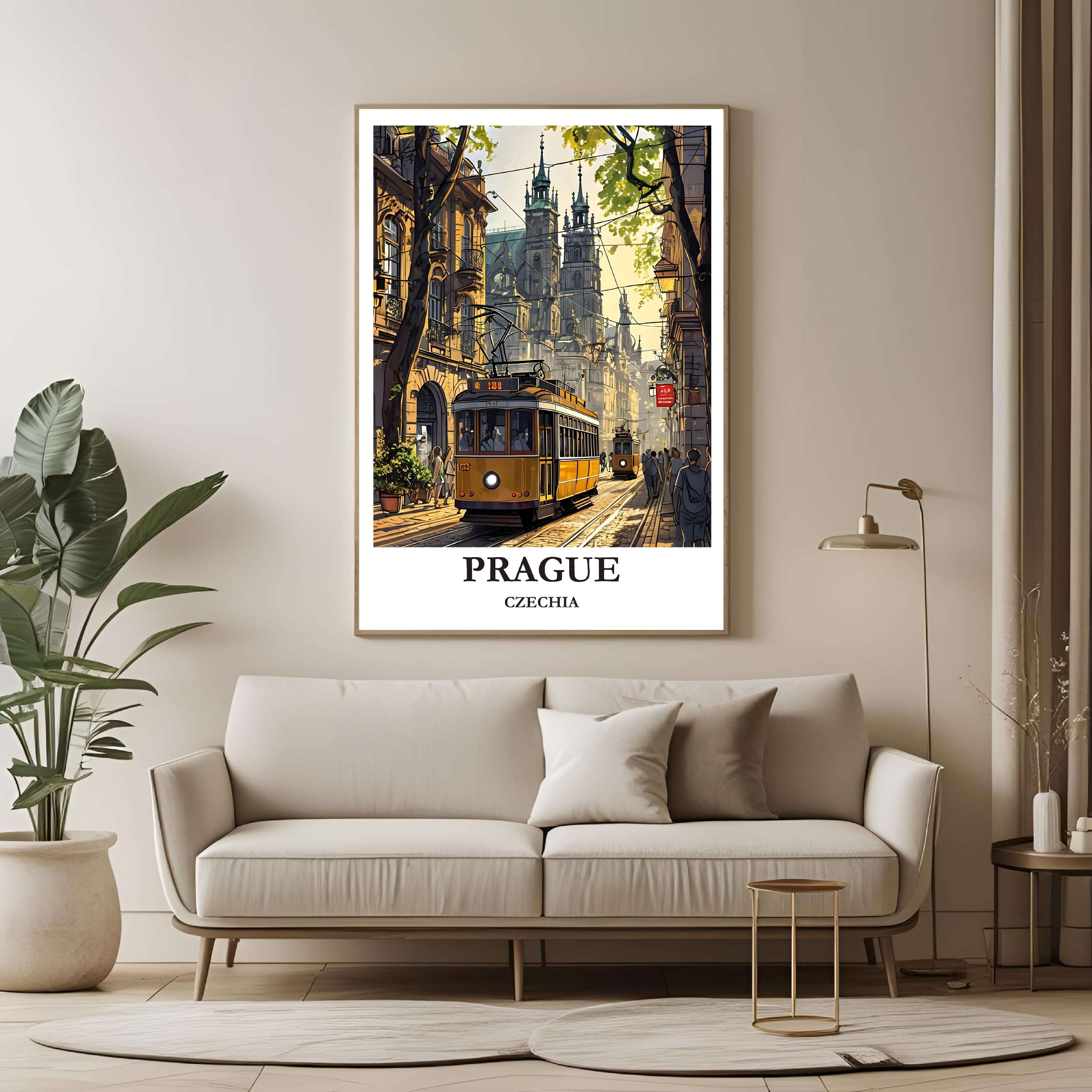 A large framed poster of the Prague illustration hanging in a contemporary living room, enhancing a luxurious and cultured aesthetic.