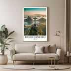 A large framed poster of the Rio de Janeiro panorama hanging in a contemporary living room, enhancing a luxurious and worldly aesthetic.