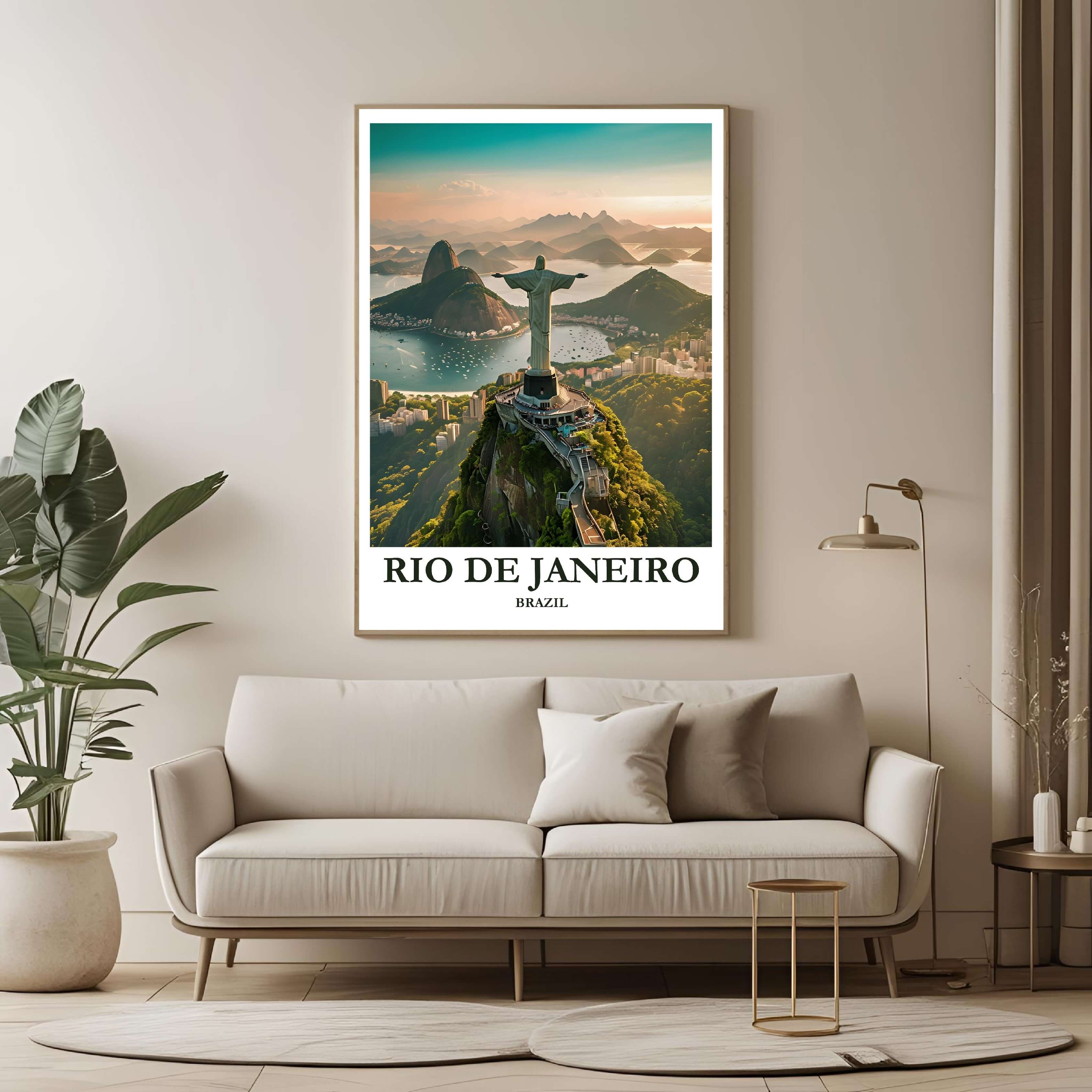 A large framed poster of the Rio de Janeiro panorama hanging in a contemporary living room, enhancing a luxurious and worldly aesthetic.