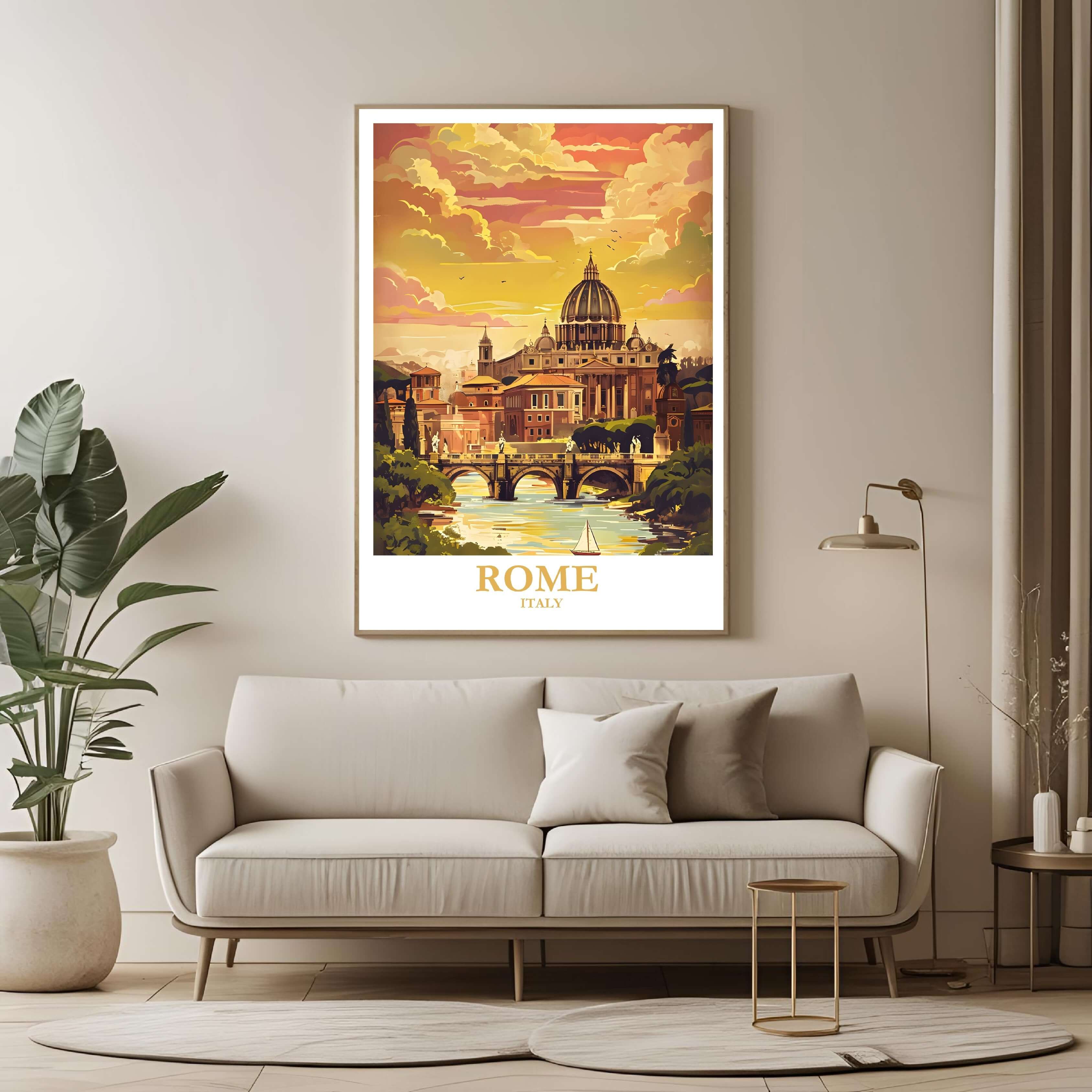 A large framed poster of the Rome illustration hanging in a contemporary living room, enhancing a luxurious and historically rich aesthetic.
