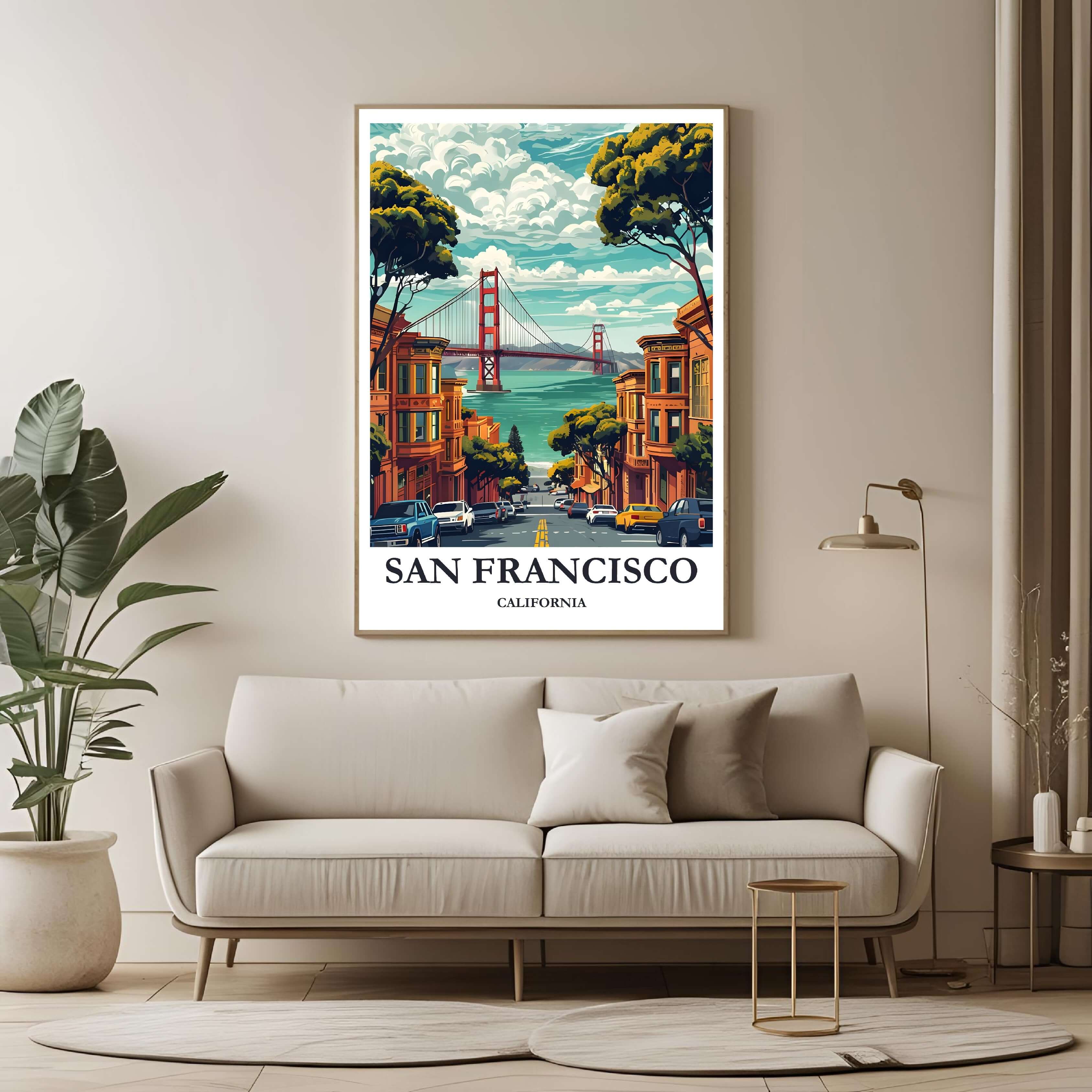 A large framed poster of the San Francisco cityscape illustration hanging in a contemporary living room, enhancing a luxurious and Californian aesthetic.
