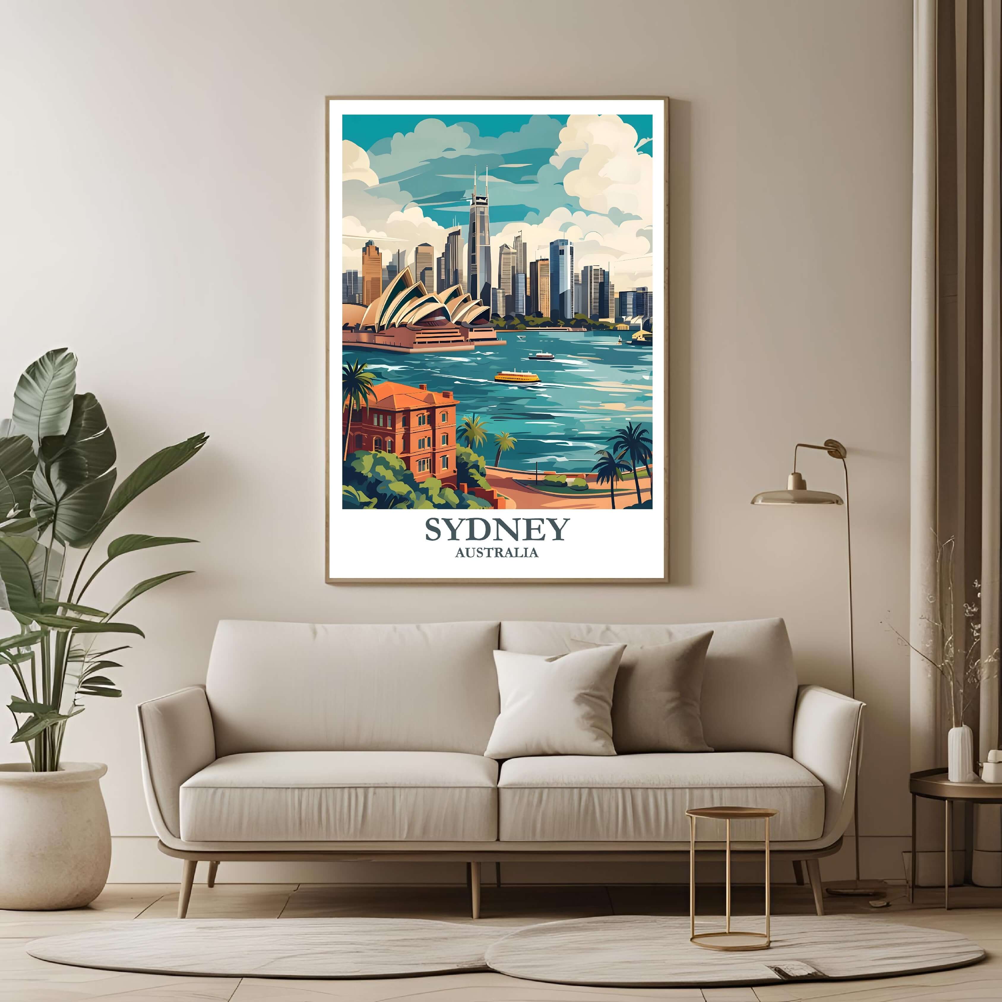 A large framed poster of the Sydney panorama hanging in a contemporary living room, enhancing a luxurious and globally-inspired aesthetic.