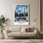 A large framed poster of the Toronto skyline panorama hanging in a contemporary living room, enhancing a luxurious, urban, and sophisticated aesthetic.