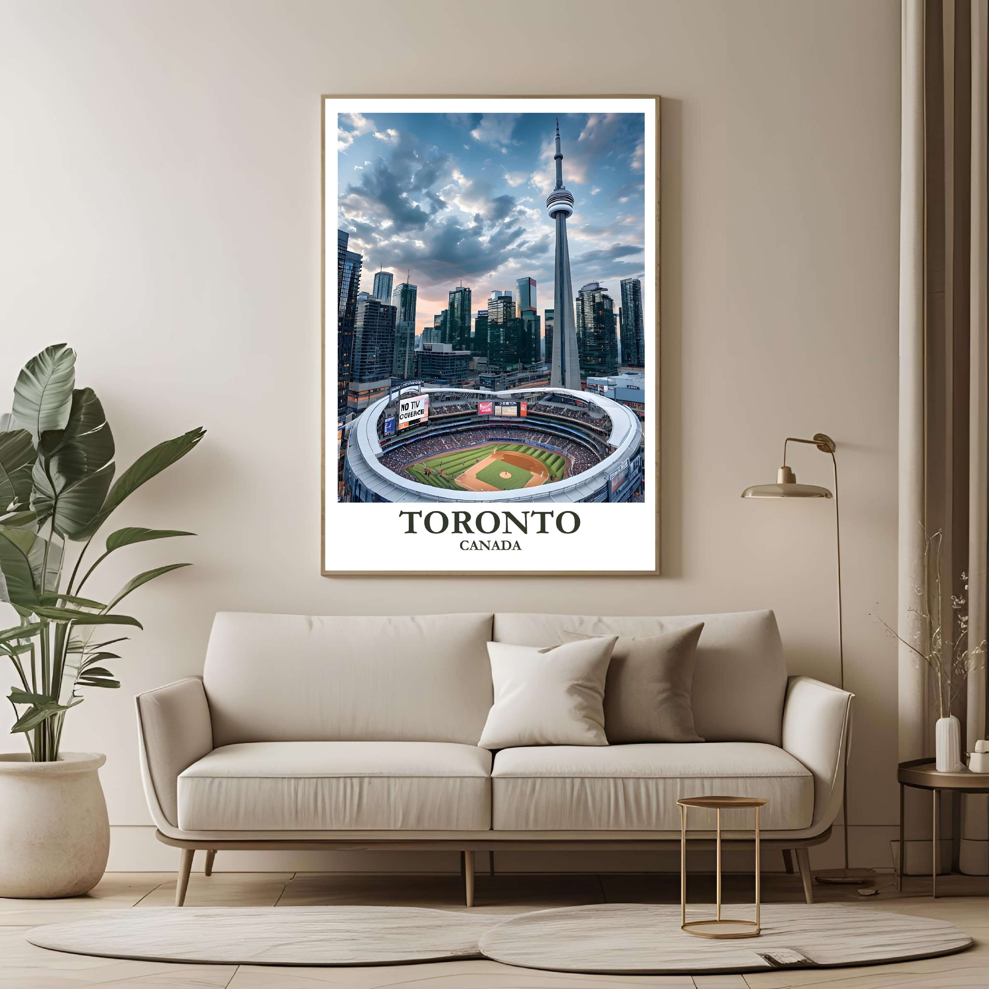 A large framed poster of the Toronto skyline panorama hanging in a contemporary living room, enhancing a luxurious, urban, and sophisticated aesthetic.