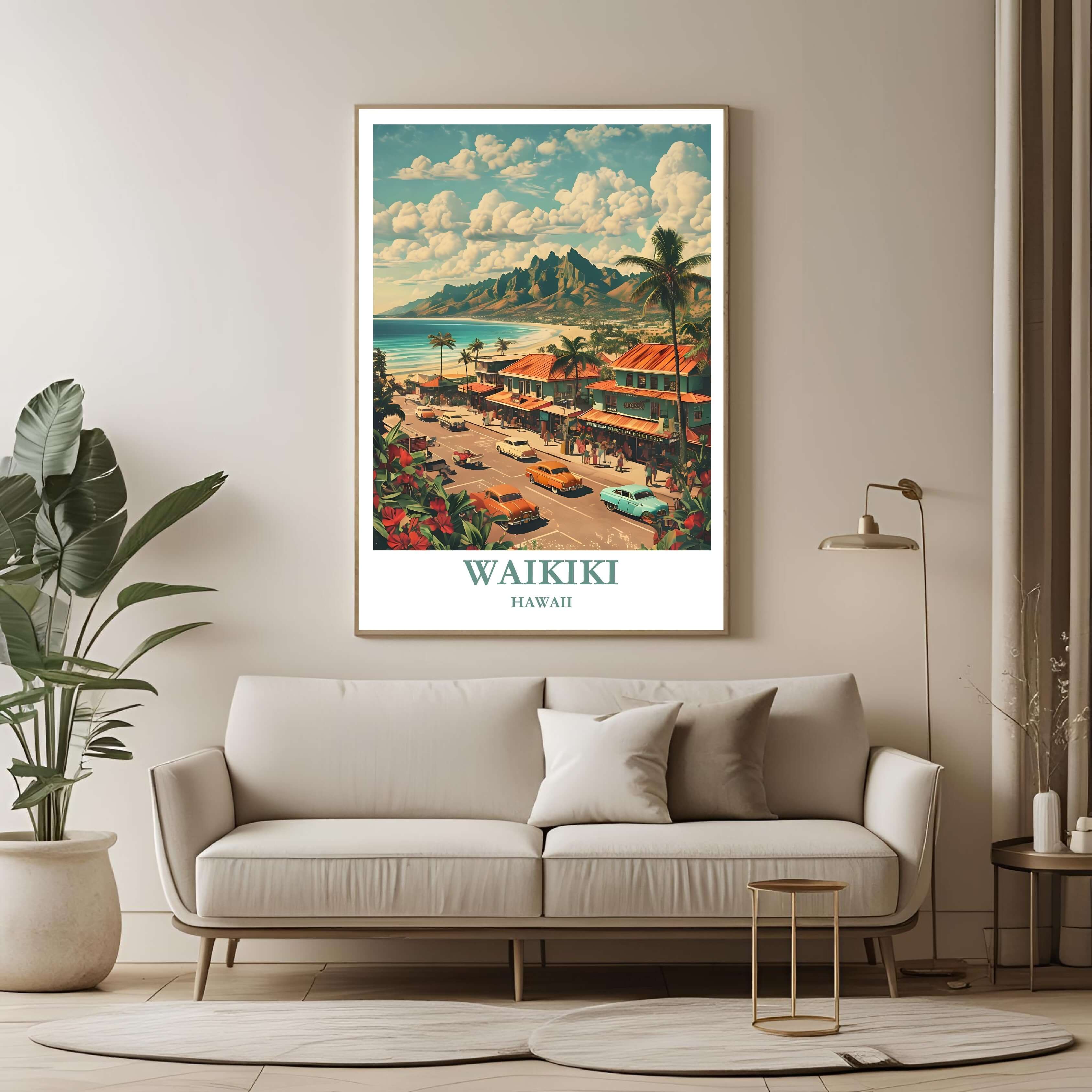 A large framed poster of the Waikiki panorama hanging in a contemporary living room, enhancing a luxurious, colorful, and tropical aesthetic.