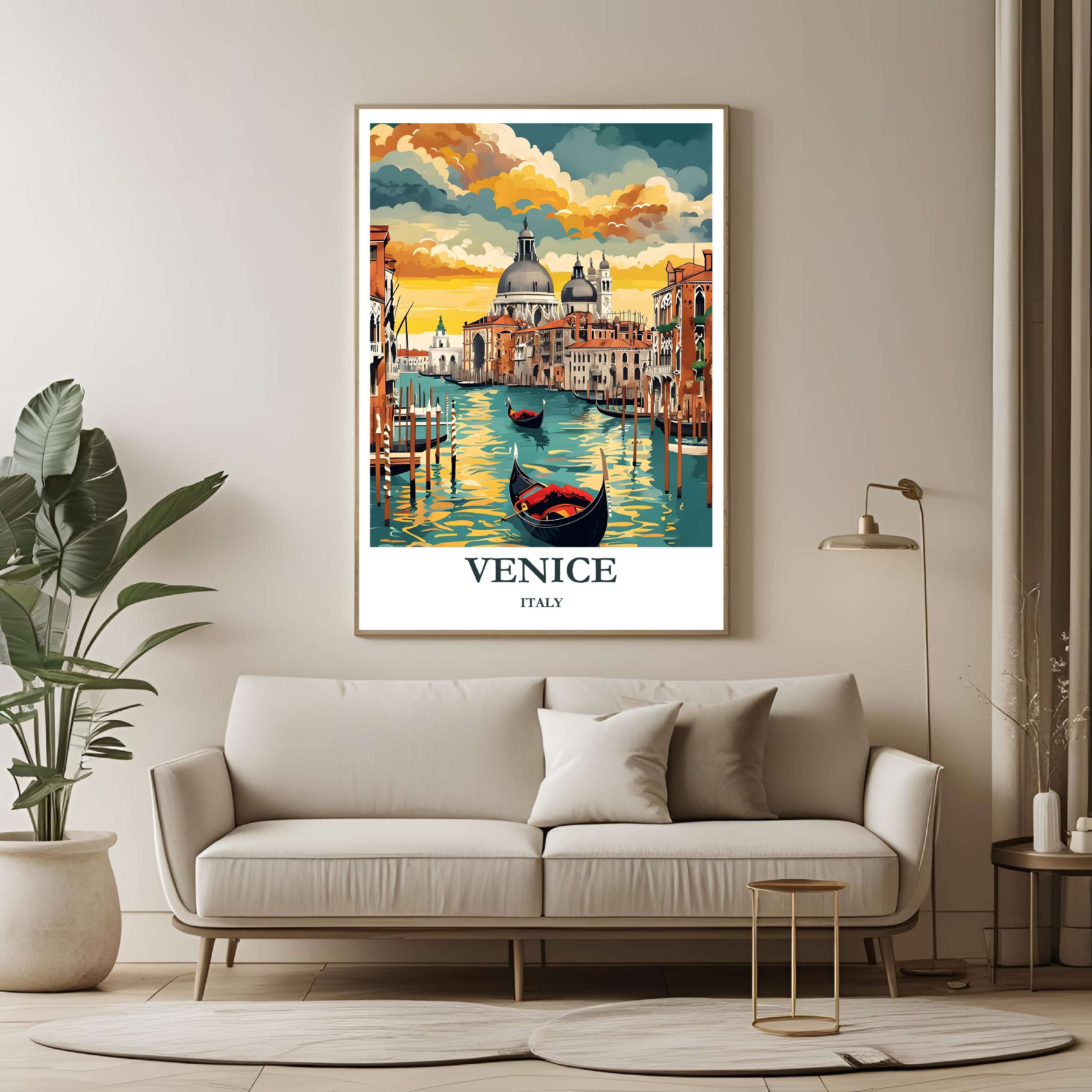 A large framed poster of the Venice Grand Canal panorama hanging in a contemporary living room, enhancing a luxurious and culturally rich aesthetic.