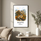 Large framed Great Wall print hung above a fireplace in a luxury living room. Functions as an elegant centerpiece, showcasing iconic architectural travel.