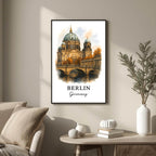 Large framed Berlin Cathedral print hung above a high-end console. Functions as an elegant centerpiece showcasing historical architectural art.