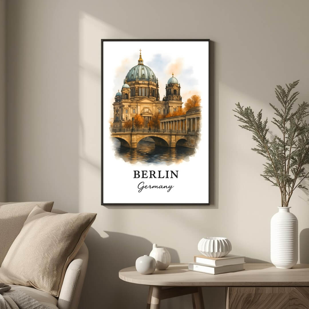 Large framed Berlin Cathedral print hung above a high-end console. Functions as an elegant centerpiece showcasing historical architectural art.