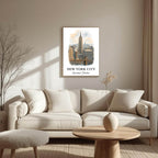 Large framed New York City print hung above a modern sofa. Functions as an elegant centerpiece, showcasing iconic American landmarks.