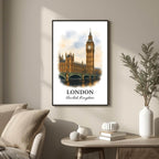 Large framed London print hung above a high-end fireplace. Functions as an elegant, conversation-starting centerpiece.