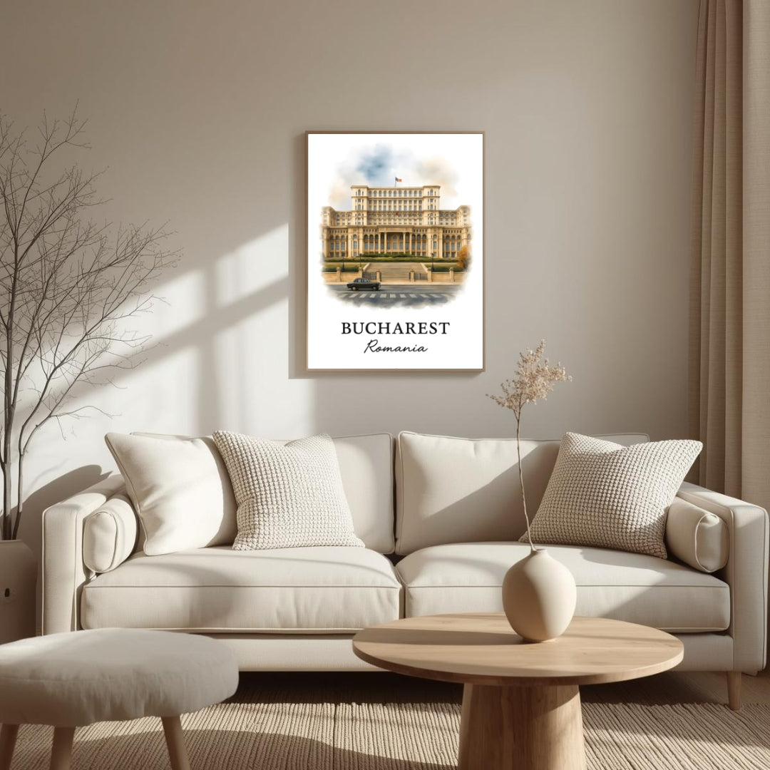 Large framed Bucharest print hung above a fireplace. Functions as an elegant, conversation-starting focal point, showcasing architectural travel art.