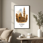 Large framed Cairo mosque print hung in a luxury living room. Functions as an elegant centerpiece showcasing Middle Eastern architectural art.