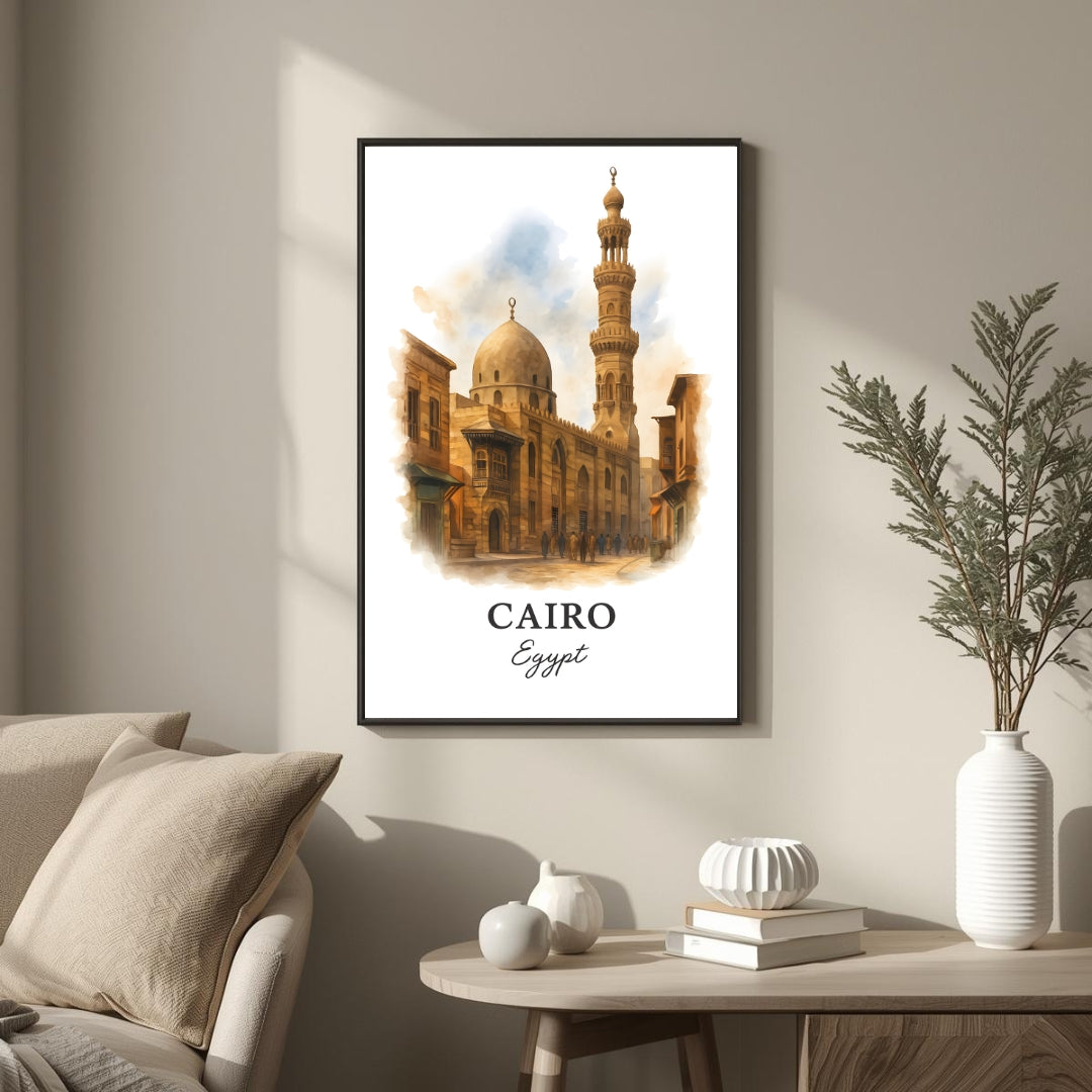 Large framed Cairo mosque print hung in a luxury living room. Functions as an elegant centerpiece showcasing Middle Eastern architectural art.