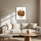 Large framed Budapest print hung above a high-end console table. Functions as an elegant centerpiece showcasing architectural travel art.