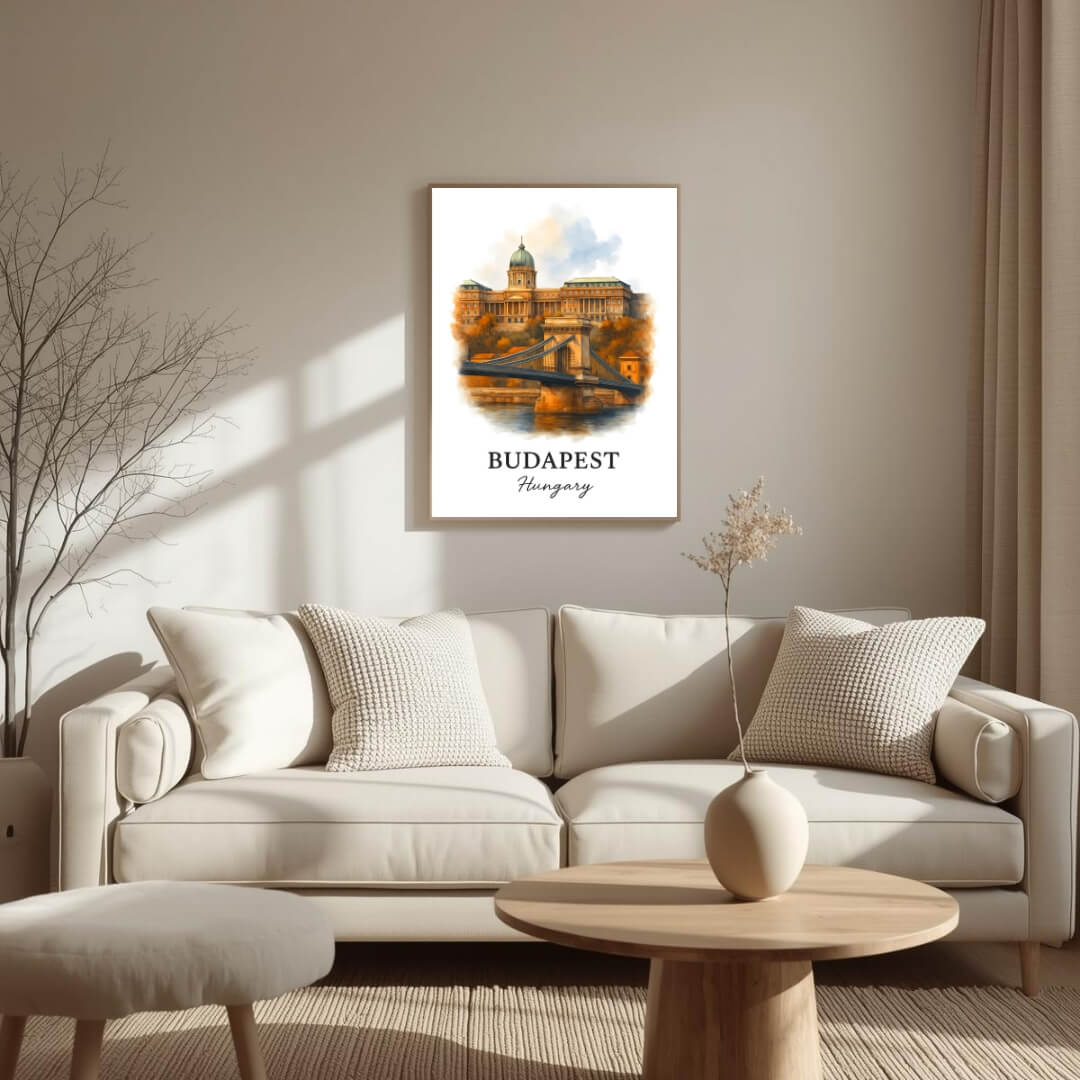 Large framed Budapest print hung above a high-end console table. Functions as an elegant centerpiece showcasing architectural travel art.