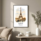 Large framed Paris print hung in a luxury living room. Functions as an elegant centerpiece showcasing classic architectural art.