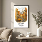 Large framed Lisbon print hung above a high-end sofa. Functions as an elegant centerpiece showcasing Mediterranean travel decor.
