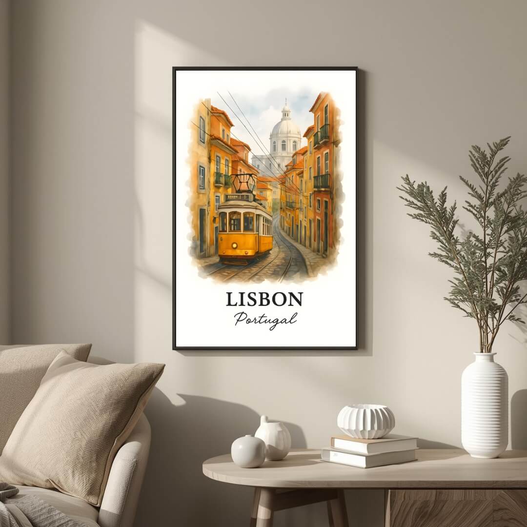 Large framed Lisbon print hung above a high-end sofa. Functions as an elegant centerpiece showcasing Mediterranean travel decor.