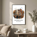 Large framed Amsterdam print hung in a luxury living room. Functions as an elegant centerpiece showcasing canal architectural art.