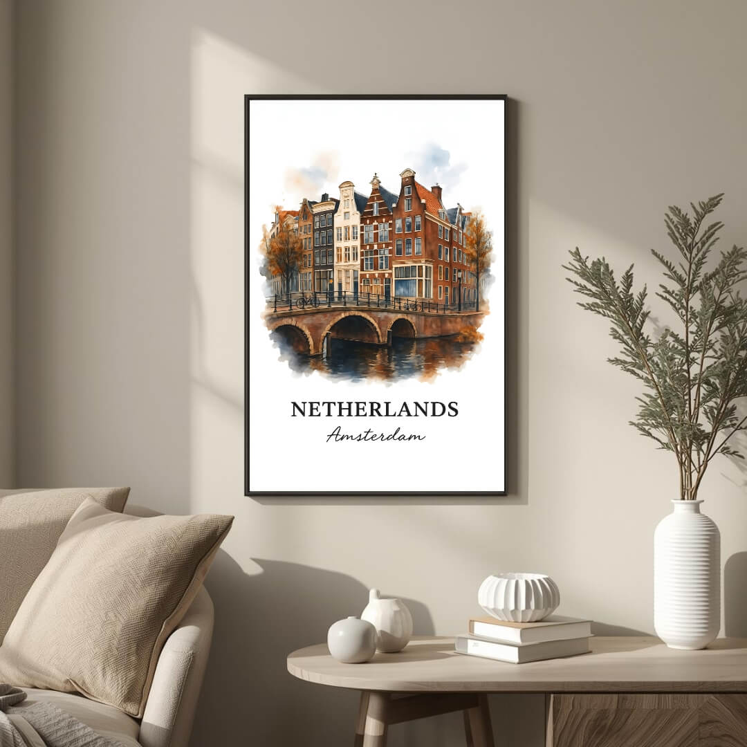 Large framed Amsterdam print hung in a luxury living room. Functions as an elegant centerpiece showcasing canal architectural art.