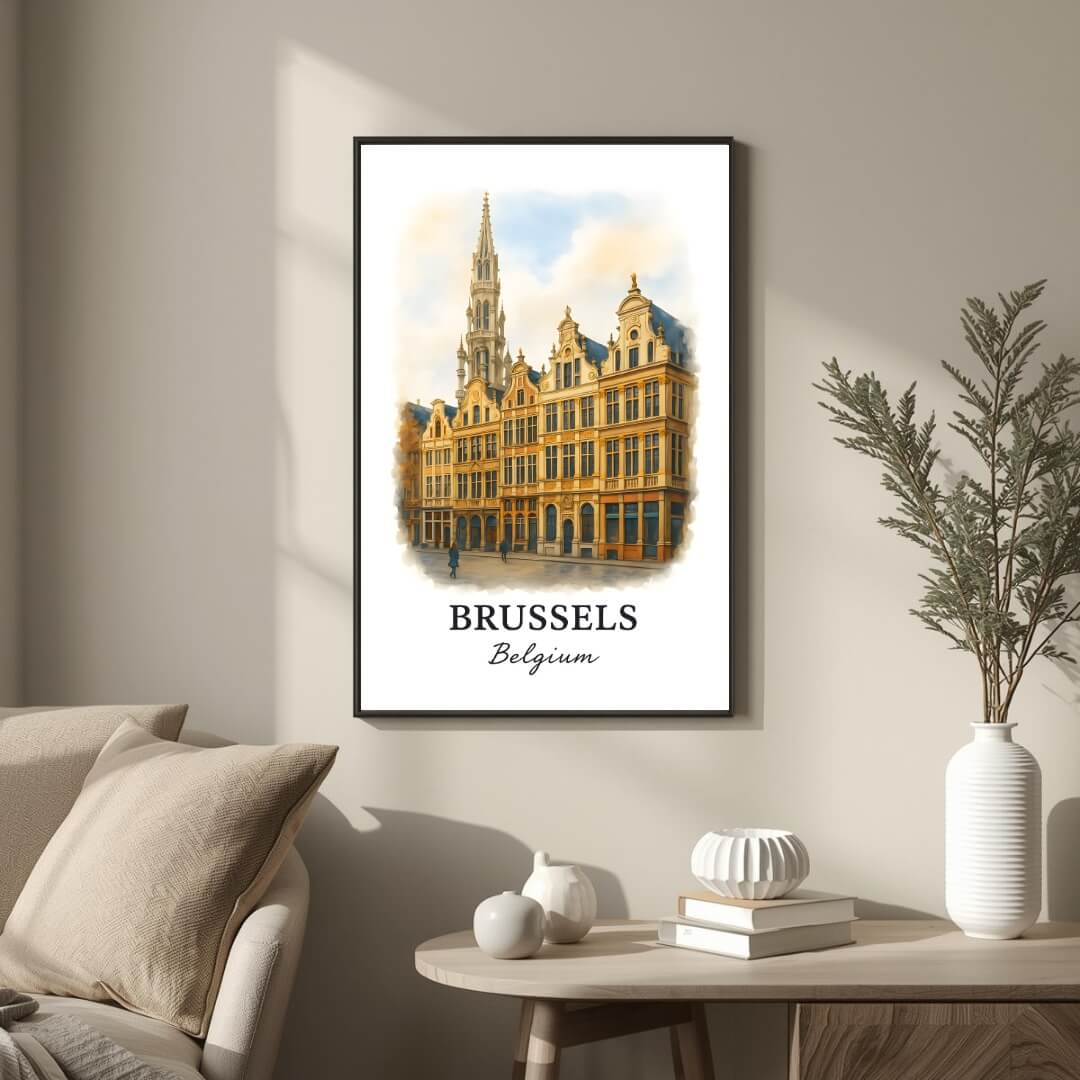 Large framed Brussels print hung above a high-end console. Functions as an elegant centerpiece showcasing historical architectural art.