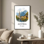 Large framed Hallstatt print hung in a luxury living room. Functions as an elegant centerpiece showcasing scenic landscape art.