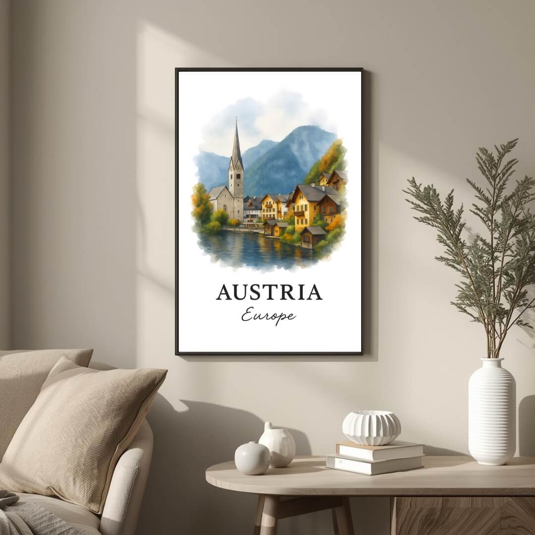 Large framed Hallstatt print hung in a luxury living room. Functions as an elegant centerpiece showcasing scenic landscape art.