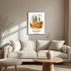 Large framed Zagreb print hung in a luxury living room. Functions as an elegant, conversation-starting focal point showcasing historical travel art.
