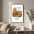 Large framed Rome print hung above a high-end sofa. Functions as an elegant centerpiece showcasing classical architectural art.