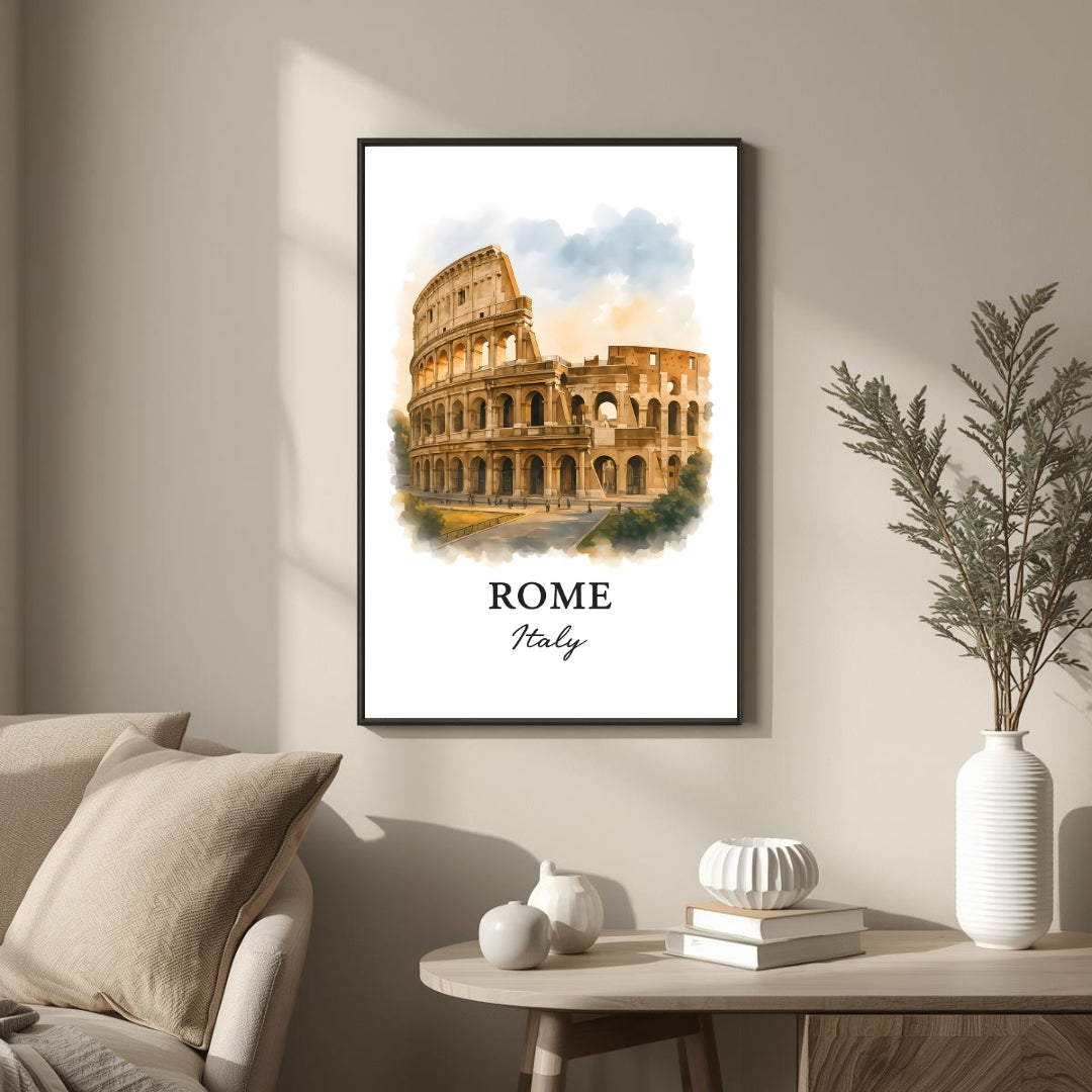 Large framed Rome print hung above a high-end sofa. Functions as an elegant centerpiece showcasing classical architectural art.