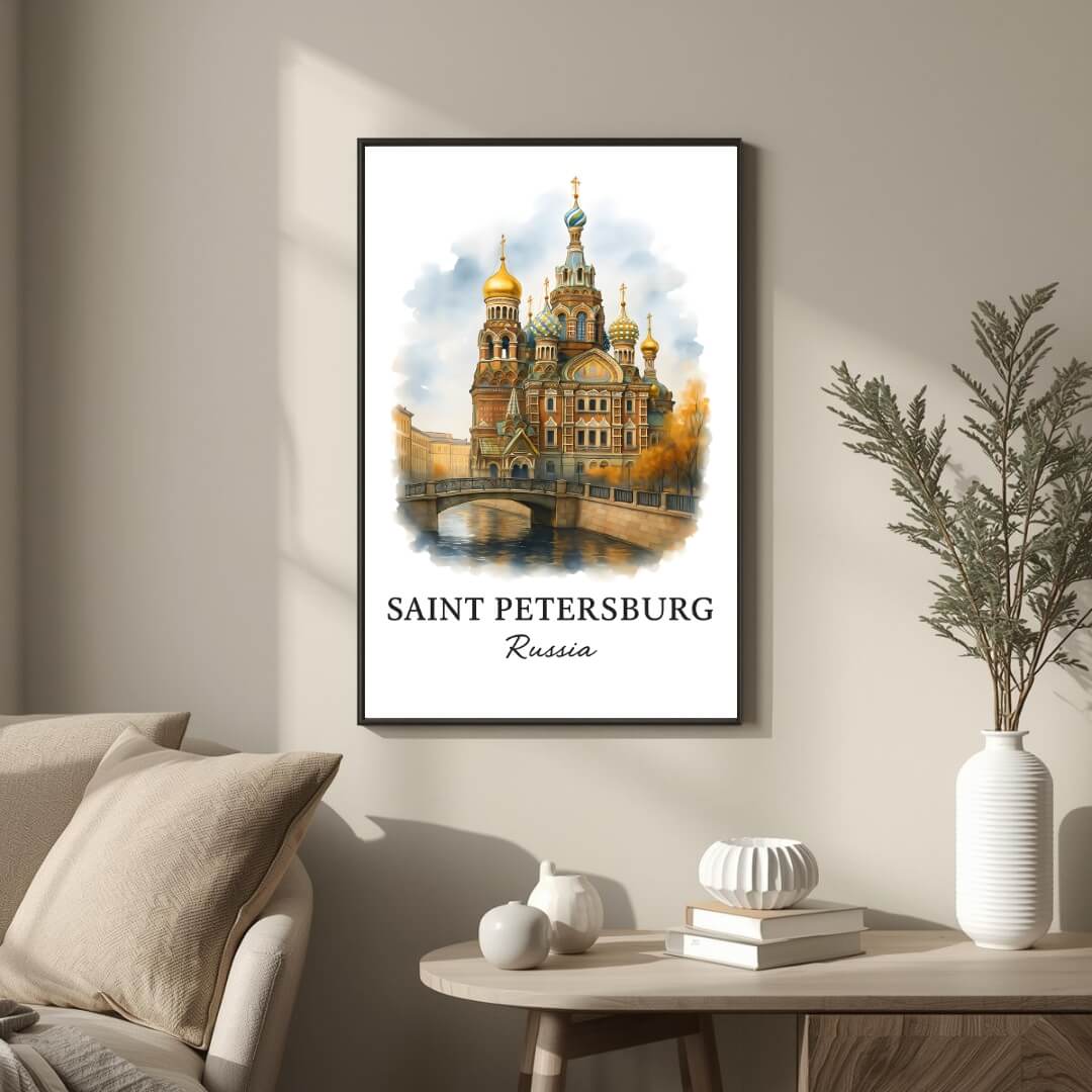 Large framed Saint Petersburg print hung above a high-end fireplace in a luxury living room. Functions as an elegant historical focal point.