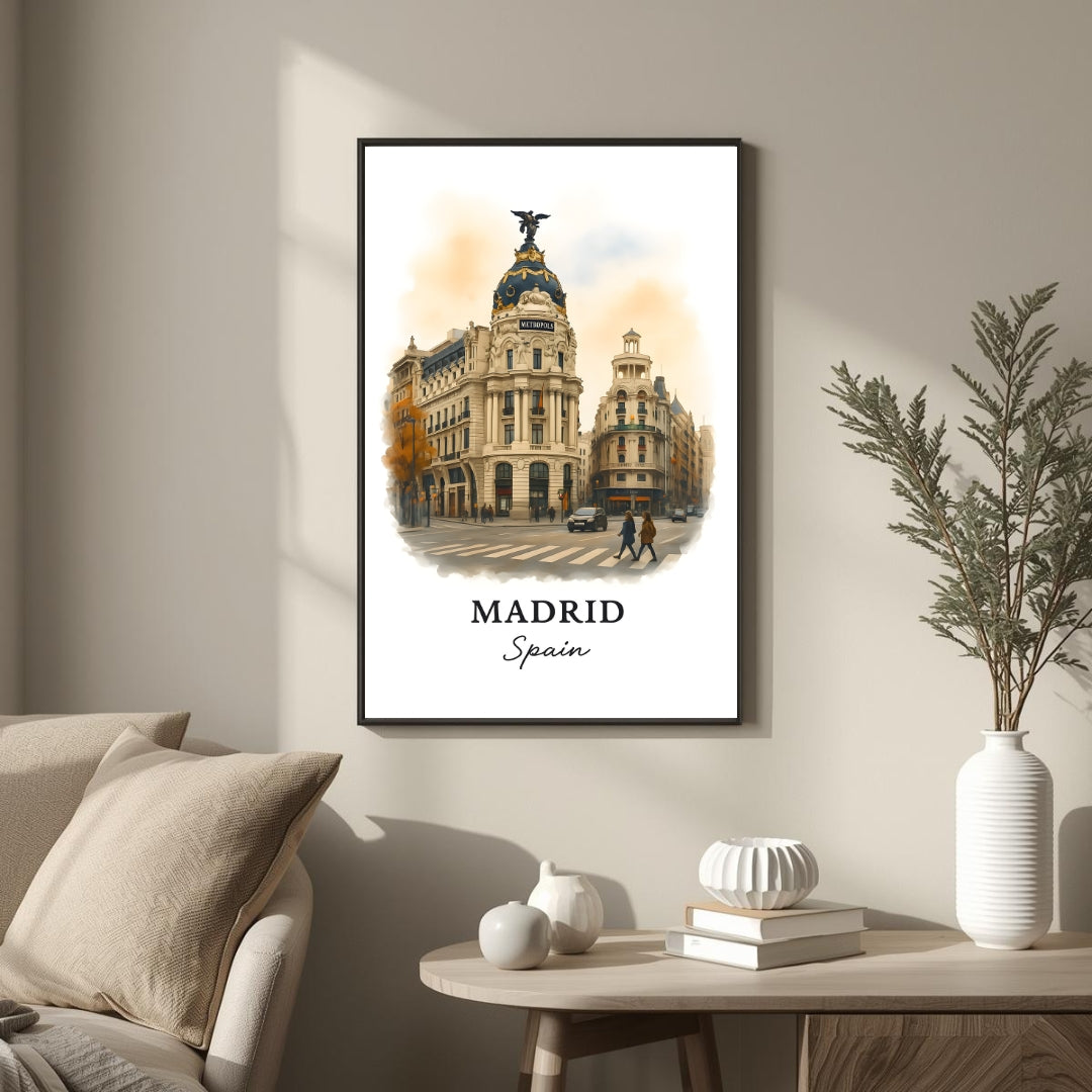 Large framed Madrid Metropolis print hung above a high-end sofa. Functions as an elegant centerpiece showcasing European architectural art.