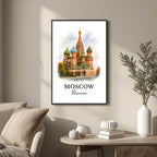 Large framed Moscow print hung in a luxury living room. Functions as an elegant centerpiece showcasing unique architectural art.