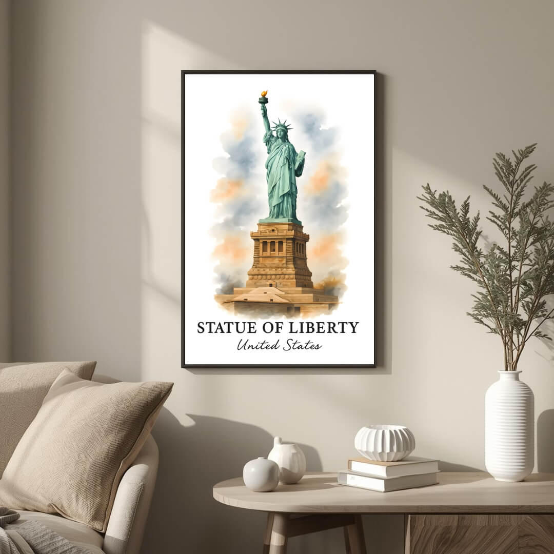 Large framed Statue of Liberty print hung in a luxury living room. Functions as an elegant centerpiece showcasing historic landmark art.