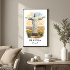 Large framed Christ the Redeemer print displayed above a sofa in a luxury living room. Functions as an elegant global travel centerpiece.