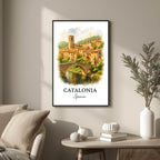 Large framed Catalonia print hung in a luxury living room. Functions as an elegant centerpiece showcasing historical architectural art.