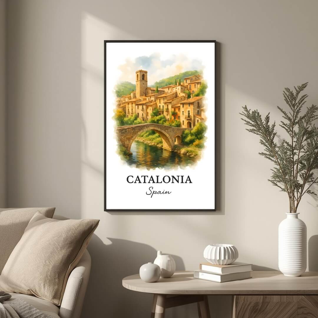 Large framed Catalonia print hung in a luxury living room. Functions as an elegant centerpiece showcasing historical architectural art.