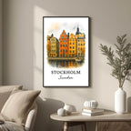 Large framed Stockholm Gamla Stan print hung above a high-end sofa. Functions as an elegant centerpiece showcasing European architectural art.