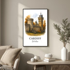 Large framed Cardiff Castle print hung in a luxury living room. Functions as an elegant centerpiece showcasing historical architectural art.