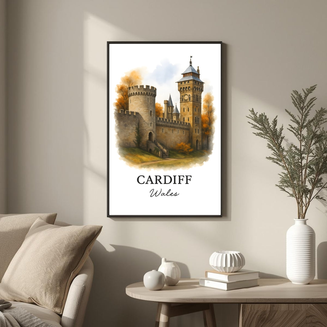 Large framed Cardiff Castle print hung in a luxury living room. Functions as an elegant centerpiece showcasing historical architectural art.