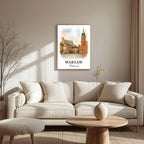 Large framed Warsaw Old Town print hung above a fireplace in a luxury living room. Functions as an elegant, conversation-starting focal point.