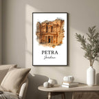 Large framed Petra print hung in a luxury living room. Functions as an elegant centerpiece showcasing ancient architectural art.